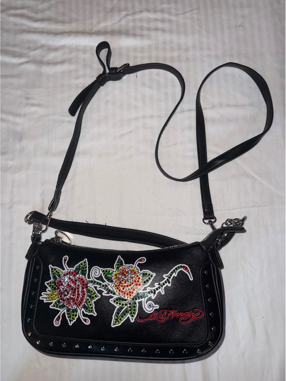 Ed Hardy Y2K Rhinestone Rose Black Crossbody / Shoulder Bag